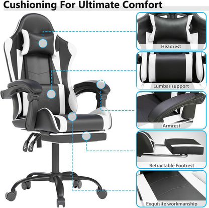 OS MOTOR Gaming Chair with Headrest and Lumbar Support, White | Ergonomic High Back Office Chair, Racing Style Executive Computer Desk Chair, Leather Adjustable Swivel Task Chair, Home