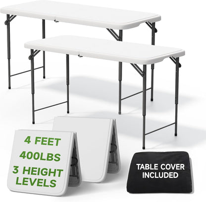 4 Foot Folding Table with Black Table Cloth - Quick 2-Position Adjustable Height, 400 lbs Heavy Duty Capacity - Portable Folding Tables for Camping,Indoor & Outdoor Use, 2 Pack