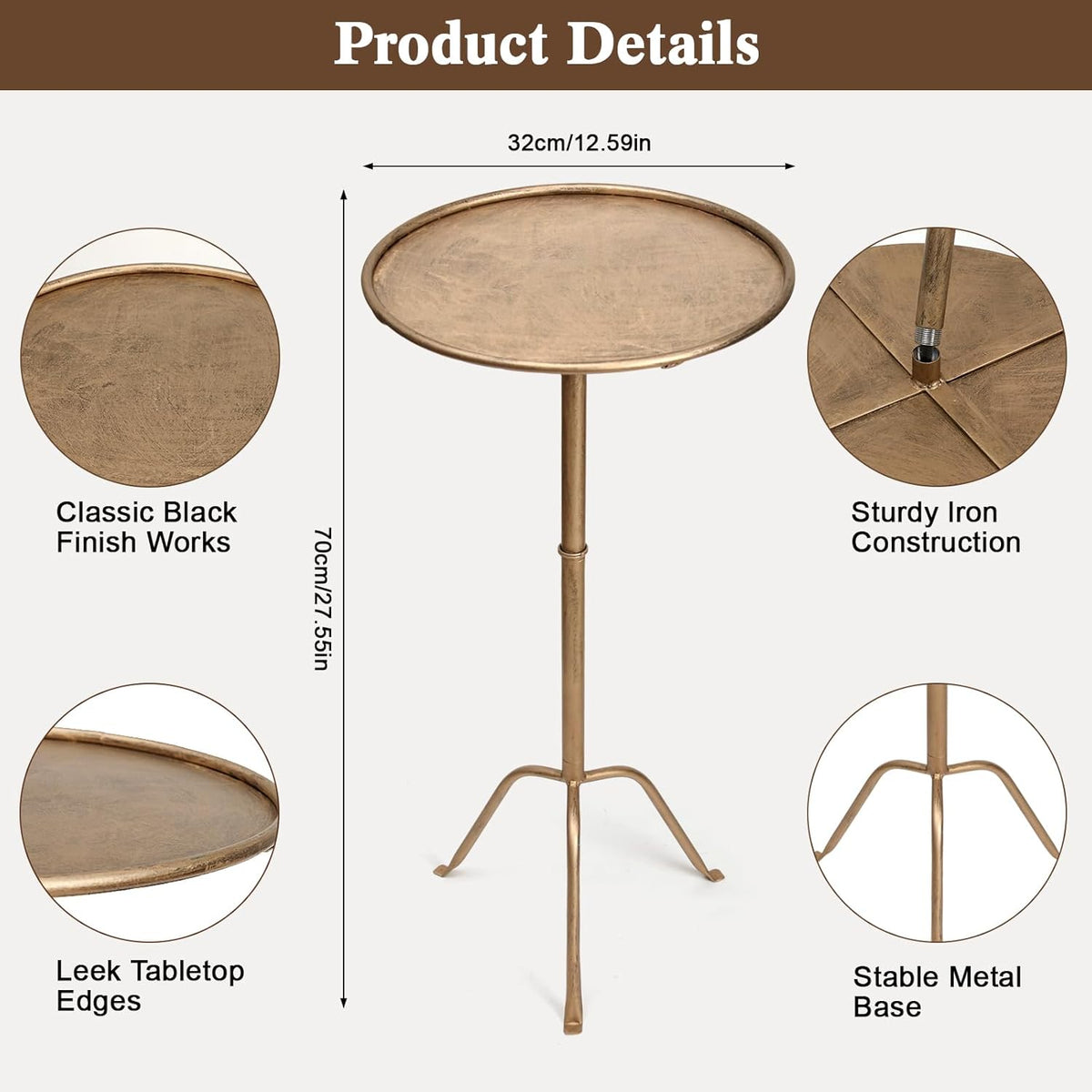 Metal Martini Side Table, Antique Brass – Compact Art Deco Design, Raised Edge, Easy Assembly, 12.5" Diameter, 27.5" Height, Stylish and Functional Cocktail Table