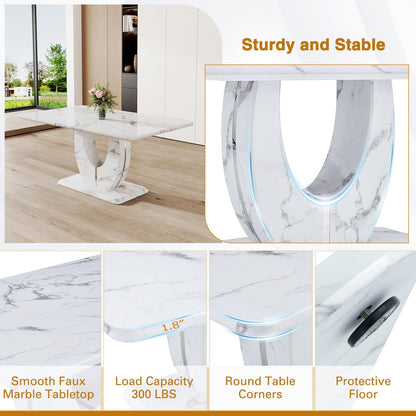 Modern Faux Marble Dining Table Set for 4, 63" White Rectangular Kitchen Table with Elegant U-Shaped Pedestal Base & 4 Tufted Upholstered High-Back Chairs, Luxury 7-Piece Dining Room Furniture Set