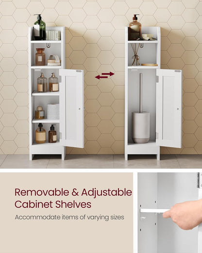 VASAGLE Small Storage Corner Floor Cabinet with Door, 7.9 x 7.1 x 31.5 Inches, Narrow Toilet Paper Storage Holder, Adjustable Shelves, for Bathroom, Living Room, Small Spaces, Cloud White UBBC310W01