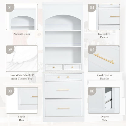 84'' Tall Kitchen Pantry, Storage Cabinet with 5 Storage Drawers and Adjustable Shelf, Anti-Tip Safety, Faux Marble Top Display Cupboard for Kitchen, Dining Room, Living Room, White