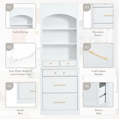Set of 2 Tall Kitchen Pantry Storage Cabinet with Faux Marble Top, Freestanding Pantry Cabinet with 5 Storage Drawers and Adjustable Shelf Modern Kitchen Hutch Display Cupboard Food Cabinets, White