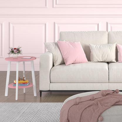 sthmec Side Table Set of 2, Small Round End Table with Storage Shelf for Small Space, 2-Tier Bedside Table Sofa Couch Table, Nighstands Set of 2 Accent Table for Living Room, Bedroom, Pink