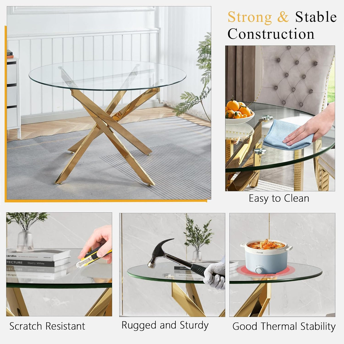 Round Glass Dining Table Set for 4, Small Kitchen Table Set for 4, 47" Circle Glass Dinner Table and Grey Velvet Chairs Set of 4,5 Piece Round Dining Room Table Set for Dinette Breakfast Cafe Party