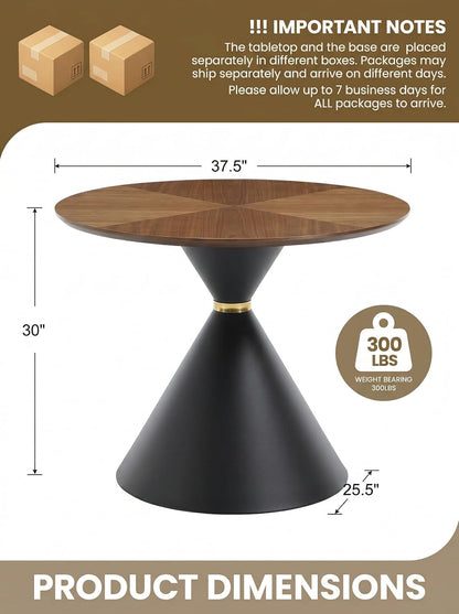 HNY Round Dining Table, 37.5" Modern Coffee Table with Walnut Inlay Tabletop & Matte Black Hourglass Base, Small Accent Table Compact Tables for Living Room, Bedroom, Balcony, Small Space