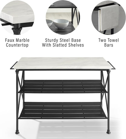 Crosley Furniture Madeleine Kitchen Island and Hutch with Shelves for Storage, Microwave Stand, Coffee Bar, Steel with Faux Marble Top