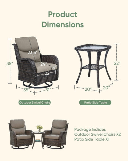 HUMMUH Wicker Patio Furniture High Back Swivel Rocker Patio Chairs Outdoor Bistro Set with Ottomans Side Table for Porch Garden Deck
