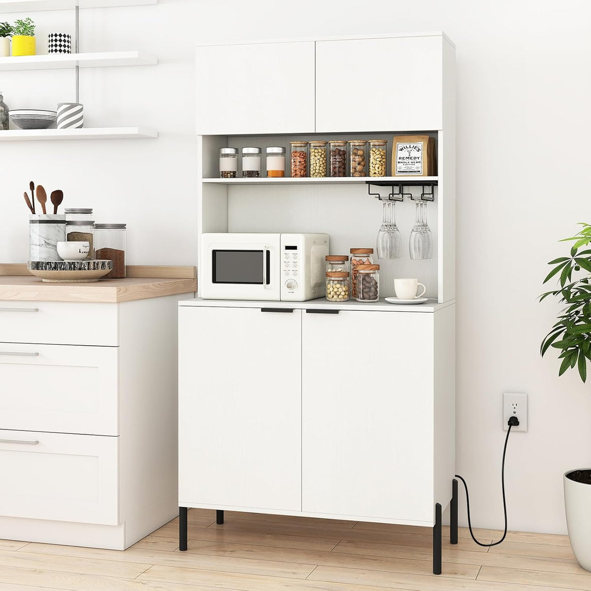 LOKO 64.5” Tall Kitchen Pantry Cabinet, Buffet Sideboard with Charging Station, Modern Wine Bar Cabinet with Wine Glass Rack, Kitchen Hutch Cupboard for Dining Room, Living Room (White)