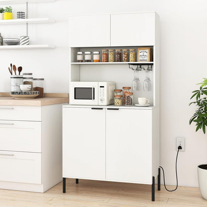 LOKO 64.5” Tall Kitchen Pantry Cabinet, Buffet Sideboard with Charging Station, Modern Wine Bar Cabinet with Wine Glass Rack, Kitchen Hutch Cupboard for Dining Room, Living Room (White)