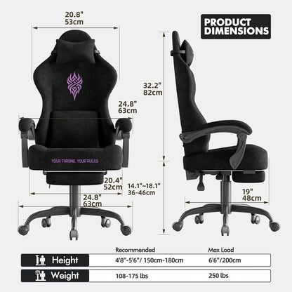 Soontrans Black Velvet Fabric Gaming Chairs with Footrest, Ergonomic Comfortable Video Gamer Chair, Reclining Office Computer Desk Game Chairs with Massage Lumbar Cushion,Headrest for Adult