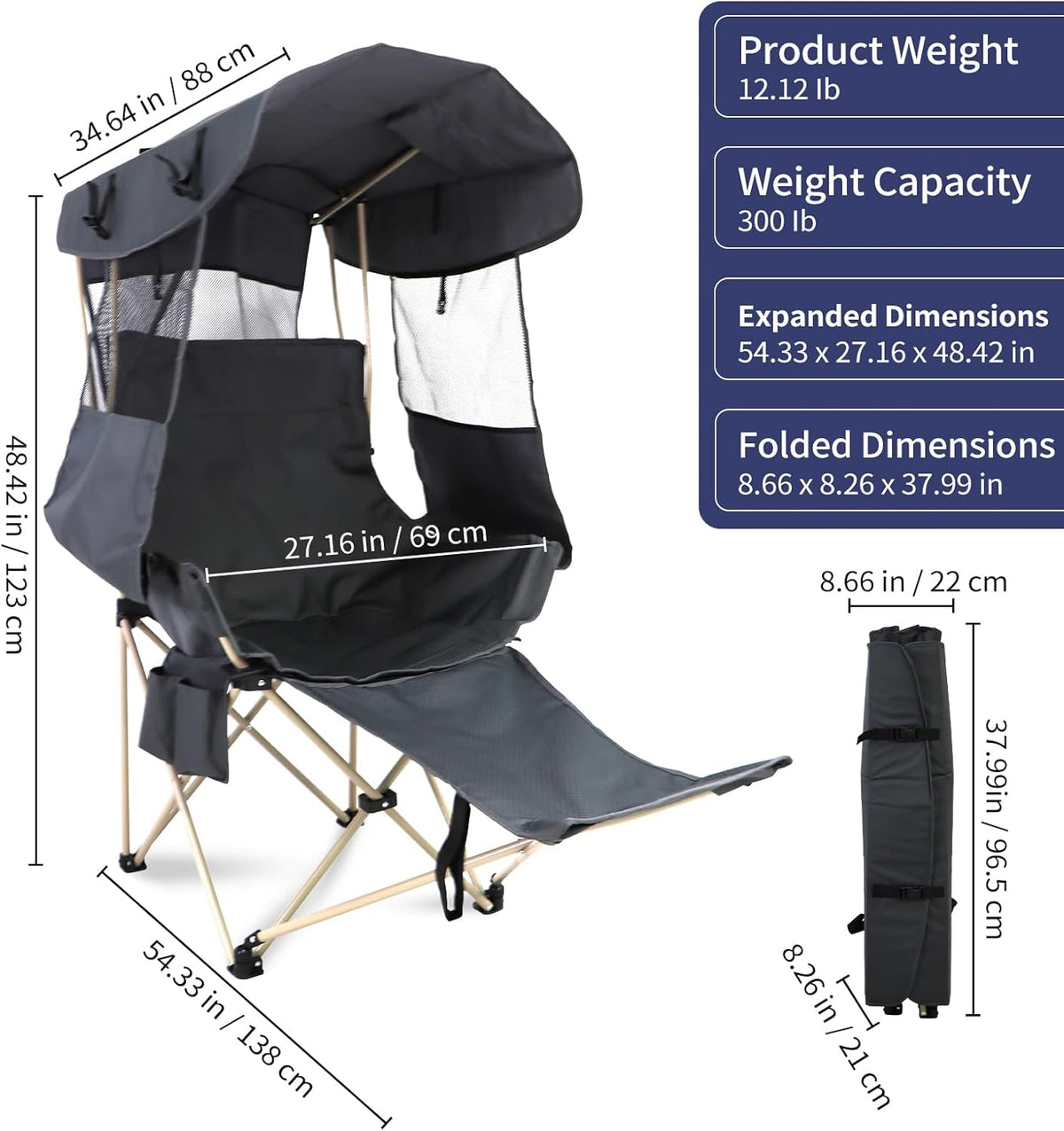 Folding Camping Chairs Canopy Outdoor: Sports Portable Beach Chair with Canopy-Lawn Beach Chairs with Umbrella for Adults-Camping Chair with Shade for Fishing Camp Heavy Duty (Casual, Grey)