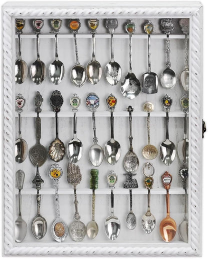 Ikee Design Wooden 30-Souvenir Spoon Display Case Cabinet, Wall-Mounted Tea Spoon Rack with Tempered Glass Door Suitable for Collection Display, Antique White Color, 13.4W x 2.6D x 15.7H in