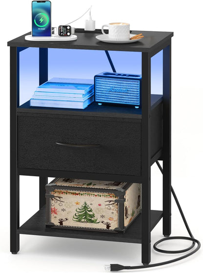 Yoobure Side Table with Storage, LED Night Stand with Charging Station, End Tables Living Room, Nightstand for Bedroom with Adjustable Fabric Drawer, 3-Tier Wood Bedside Table, Black
