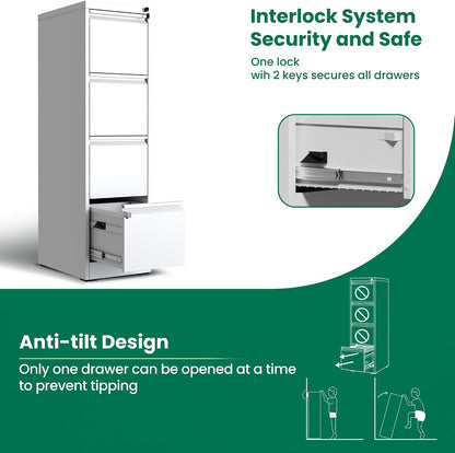4 Drawer File Cabinet with Lock, Metal Vertical Filing Cabinet, Filing Cabinets for Home Office, Locking File Cabinet Hanging Files for A4/ Legal/Letter, Require Assembly, White