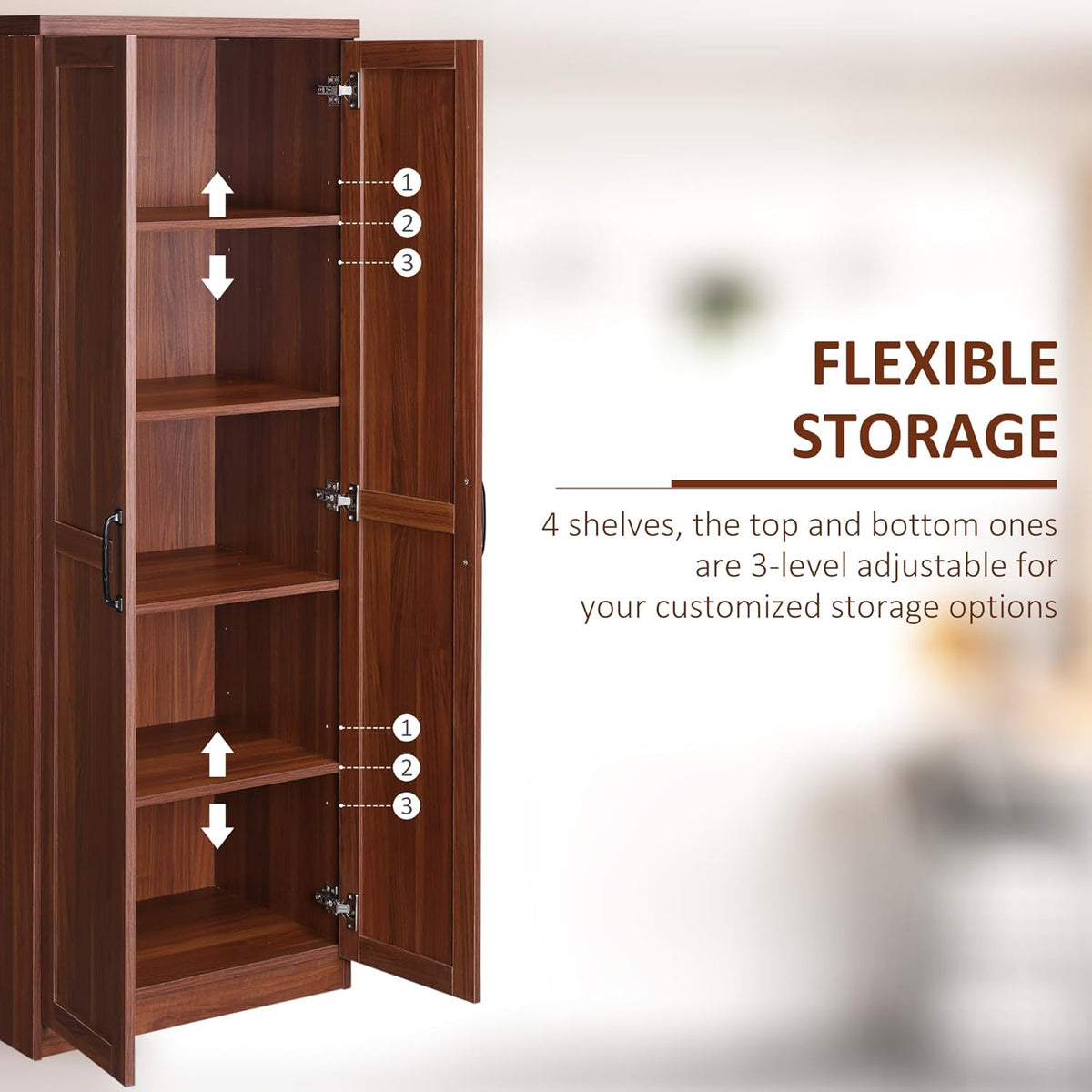 HOMCOM 63" 2-Door Kitchen Pantry, Freestanding Storage Cabinet with 5-Tier Shelving and 2 Adjustable Shelves for Dining Room, Brown