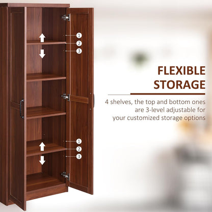 63" 2-Door Kitchen Pantry, Freestanding Storage Cabinet with 5-Tier Shelving and 2 Adjustable Shelves for Dining Room, Brown