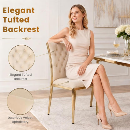 Velvet Dining Chairs Set of 4, Modern Kitchen Chair with Gold Metal Legs, Luxury Upholstered Tufted Dining Room Chairs for Home, Apartment, Living Room - Beige