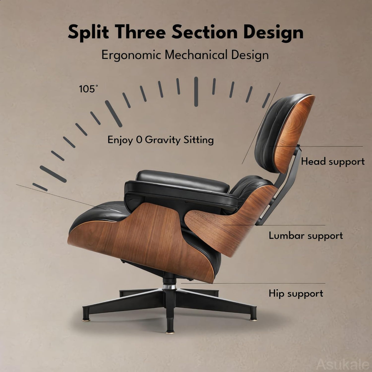 Top Grain Leather, Mid Century Chaise Lounge Chair Indoor, Chair with Ottoman, Reading Chair, Leather Accent Chair, Modern Arm Chair, Classic Design, Heavy Duty Base Support for Living Room, Walnut