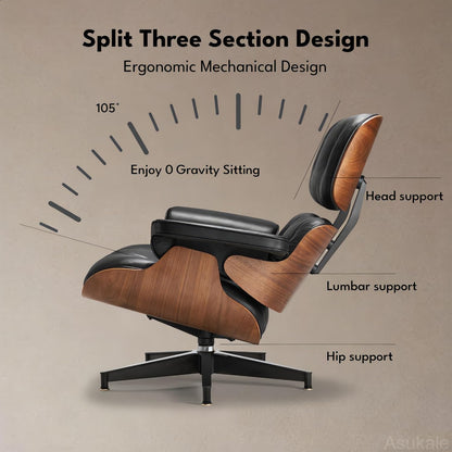 Top Grain Leather, Mid Century Chaise Lounge Chair Indoor, Chair with Ottoman, Reading Chair, Leather Accent Chair, Modern Arm Chair, Classic Design, Heavy Duty Base Support for Living Room, Walnut