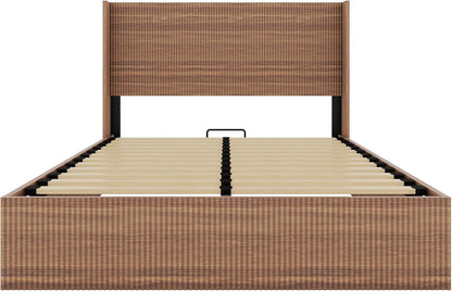 Lift Up Storage Bed Queen Size, Queen Bed Frame with Headboard and Lift Storage System, Wood Headboard with Wing-Back and Convex Groove Board Design