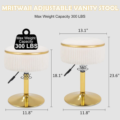 Adjustable Vanity Stool, Velvet Makeup Stool with Storage Beige | Small Vanity Chair, 360° Swivel Round Ottoman with Gold Base for Living Room, Bedroom