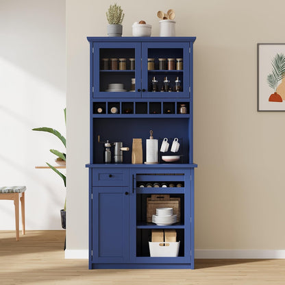 Kitchen Pantry Storage Cabinet, Tall Freestanding Farmhouse Buffet with Hutch 74.8” Tall, Adjustable Shelves & Wine Rack Built in, Large Cupboard for Living Room, Dining Room, Blue