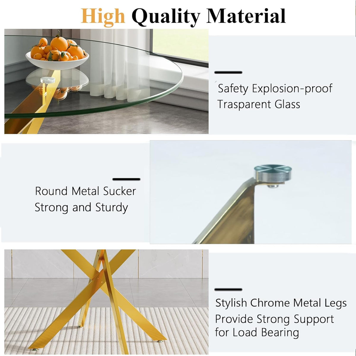Glass Dining Room Table Set for 2, 47" Circle Glass Dining Table for 2 with Gold Metal Legs, Small Round Dining Table and Chairs Set of 2, 3 Piece Kitchen Table Set for Breakfast Dinette, Blue