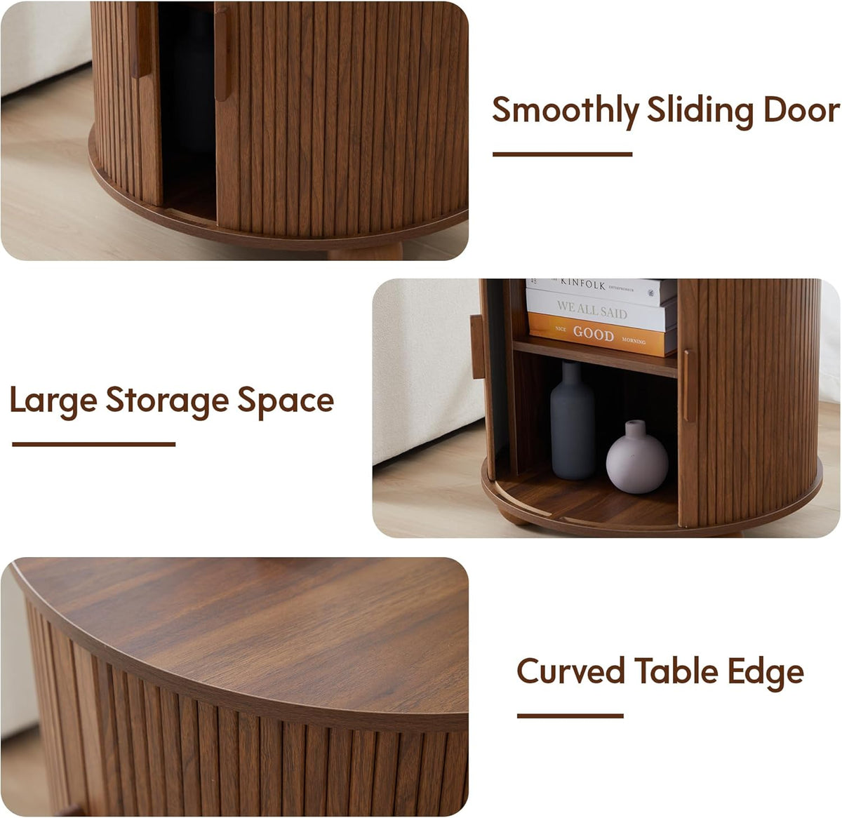 24" End Table with Charging Station, Farmhouse Round Fluted Wood Night Stand, Mid-Century Large Side Table with Storage & Sliding Door for Living Room, Bedroom (Round, Walnut)