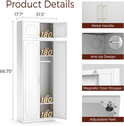 86" Tall Wardrobe Closet with Doors and Adjustable Shelves, White | Metal Armoire Wardrobe Closet, Wardrobe Cabinet with Hanging Rod, White Clothing Storage Cabinets for Bedroom, Home Office
