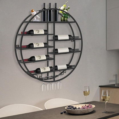 23.6 Inch Wall Mounted Wine Rack w/Glass Holder, Round Iron Wine Shelf, 7 Bottle Horizontal Storage & 4 Glass Hanging Rail, Modern Floating Display for Kitchen & Bar (Black/Gold) (Black)