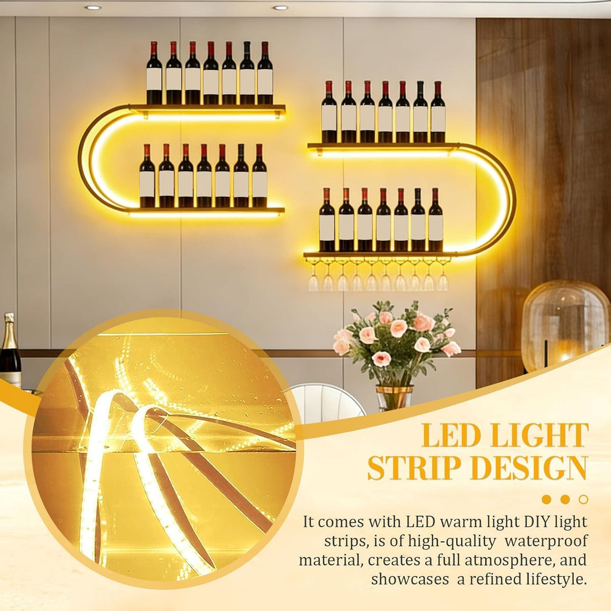 71" Modern Wall Mounted Wine Rack with LED Lights, 4-Tiers Wine Rack with Wine Glass Holder, Liquor Bottle Display Shelf for Home Bar Dining Room Kitchen Living Room-Black 70.87“