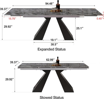 Telescoping Faux Marble Table 63-94.49" Adjustable Length 8-10 People Heavy Duty Carbon Steel Base for Kitchen Dining Room Family Party (62.99''-94.48'' Bonnes)