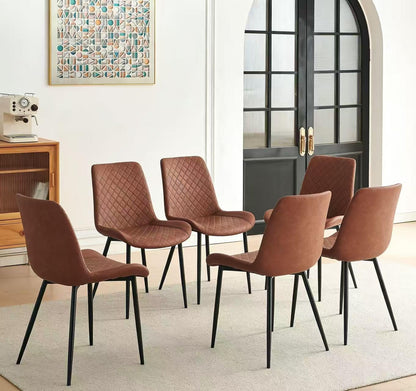 PU Leather Dining Chairs Set of 6, Modern Armless Dining Room Chairs, Comfy Upholstered Kitchen Chairs with Backrest, Black Metal Legs for Living Room, Dinning Room, Brown
