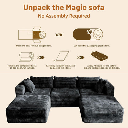 110 Modular Sectional Sofa with 2 Ottomans, Corduroy U-Shaped Modular Sectional Sofa, Convertible Cloud Couch with Deep Seats, No Assembly Required (Grey, 110" 3Seat+2 0ttoman)