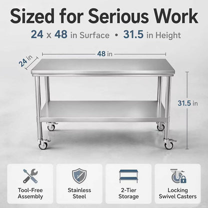 24x48 Stainless Steel Prep Table with Wheels, 1000 lbs, Kitchen, BBQ | Thickened Stainless Steel, 1000-Lb Capacity, Tool-Free Press-Fit Setup, 2-Tier Storage, 4 Locking Casters, 31.5-Inch Height