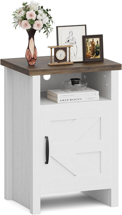 JUMMICO Farmhouse Nightstand, Modern Bedside Table with Barn Door and Shelf, Rustic End Table Side Table for Bedroom,Living Room(1, Rustic & White)