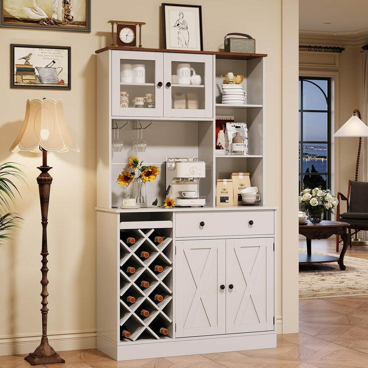 MDF Tall Wine Cabinet with Acrylic Double Doors, 45 Inch Bar Cabinet for Liquor Glasses Storage, Free Standing Home Bar with Display Shelf for Living Room Dining Room Kitchen