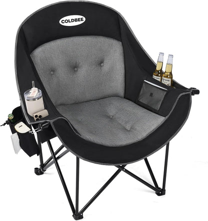 Coldbee Oversized Camping Chairs for Adults - Heavy Duty Padded Folding Lawn Chairs with Cup Holders & Cooler Bag, Comfy Outdoor Chair for Picnic, Beach, Fishing (Black)