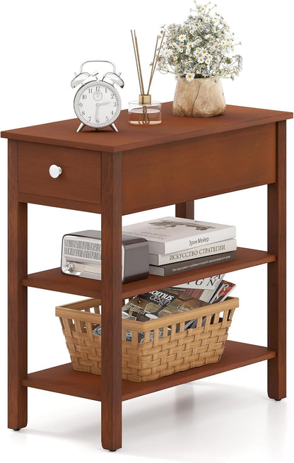 Giantex Narrow End Table, Farmhouse Side Tables with Drawer & Storage Shelves, Wood Sofa Side Tables, 3-Tier Nightstands for Small Space, Living Room, Bedroom, 23.5" L x 12" W x 24.5" H, Brown