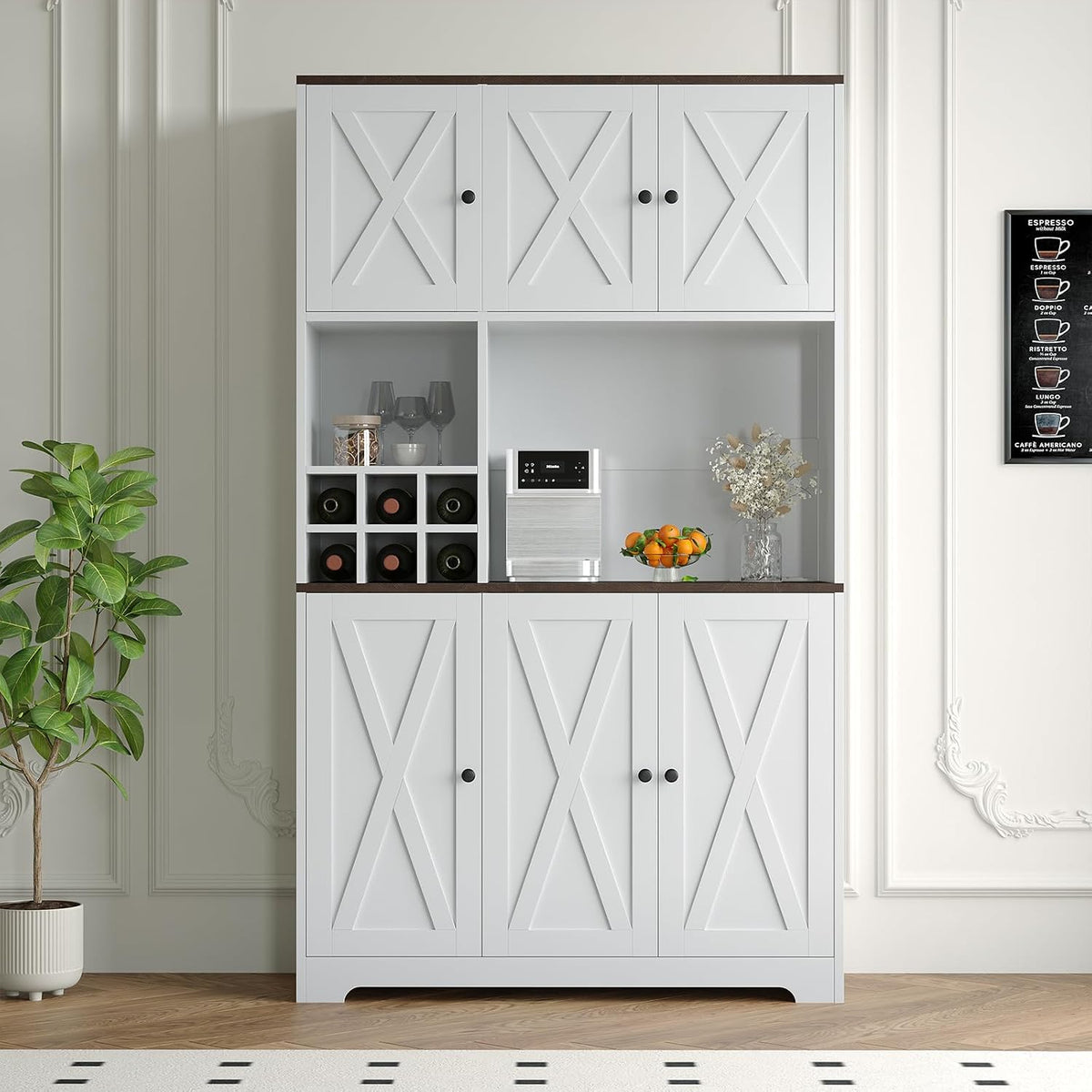 71" Tall Freestanding Farmhouse Pantry Cabinet with Wine Rack, Coffee Bar, Microwave Stand, Adjustable Shelves, Charging Station – Kitchen Hutch for Dining Room or Home Bar Storage Cabinet