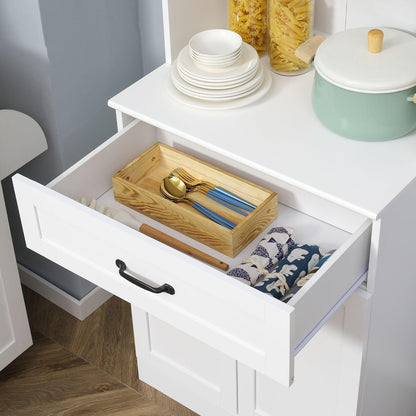 63.5in Premium Elegant 4-Door White Freestanding Kitchen Buffet Cabinet with Hutch Adjustable Shelves & Coffee Bar Modern Design