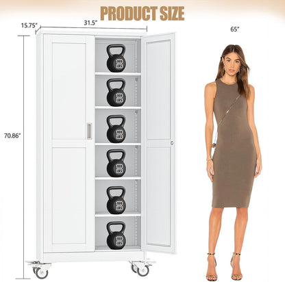 75" H Metal Pantry Storage Locker Cabinet with Wheels,Rolling Kitchen Pantry Cabinet with 2 Doors and 5 Adjustable Shelves, Lockable Steel Garage Tool Cabinet Organization for Home,Gym,School,White