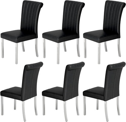 ACEDÉCOR Modern Dining Chairs Set of 6, Black Leather Dining Room Chairs with Silver Stainless Steel Legs, Upholstered Chairs with High Back and Metal Chrome Legs for Kitchen/Living Room/Restaurant
