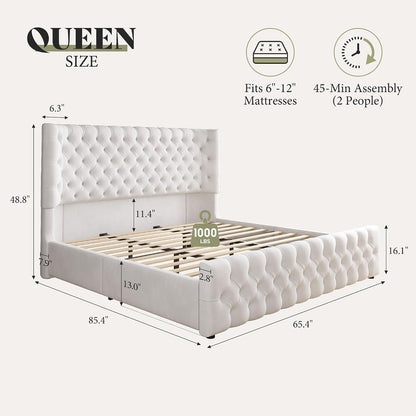 AMERLIFE Upholstered Queen Bed Frame with Wingback Headboard, Cream Velvet