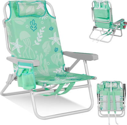 Low Beach Chairs for Adults - 5-Position Lay-Flat Backpack Chair with Large Insulated Cooler & Storage Pocket, Aluminum Frame, Portable for Travel & Outdoor, Supports 300lbs, Ocean Mint