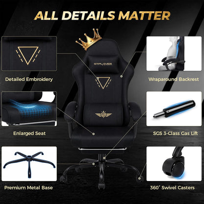 GTPLAYER Video Gaming Chair Fabric, Ergonomic Computer Chair with Footrest and Pocket Spring Cushion, Height Adjustable Video Gamer Chair with Lumbar Support for Adults, Black