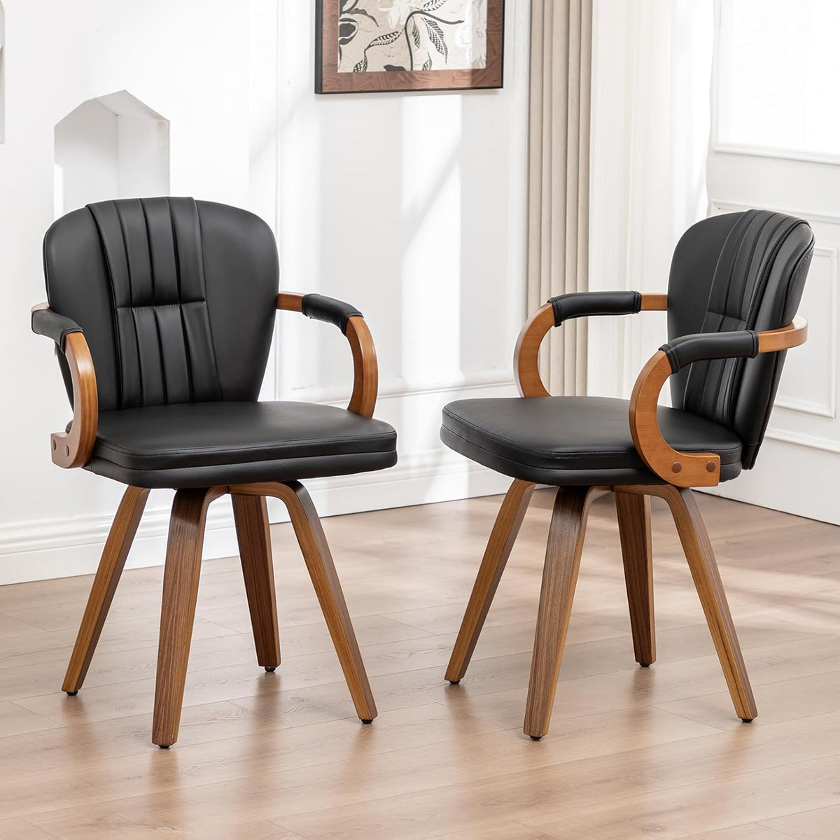 Swivel Dining Chairs Mid Century Modern Black Faux Leather Upholstered Kitchen Chairs with Bentwood Frame Armrests Side Chairs,Comfortable Ergonomic Wood Accent Chair No Wheels,1PCS