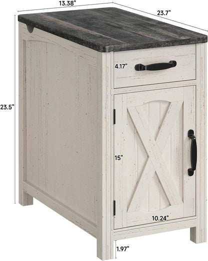ONBRILL Farmhouse End Table with Charging Station, Narrow Side Table with Barn Door, Rustic Wood Sofa Side Table with Drawer and Storage Cabinet, 23.5" Small Nightstand for Living Room (Rustic White)