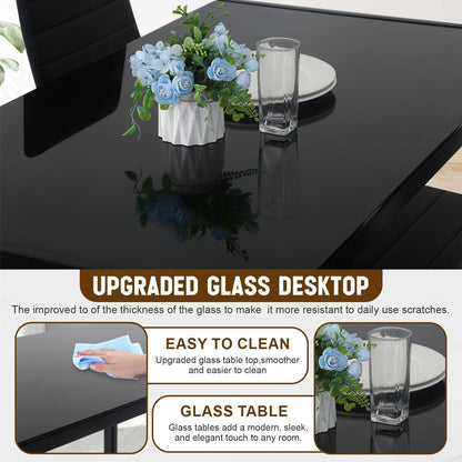NChanmar Dining Table Set for 4 Furniture 5 Piece Faux Dining Set, Modern Kitchen Table with Upholstered PU Leather Chairs and Glass Tabletop for Breakfast Nook Small Spaces,Black